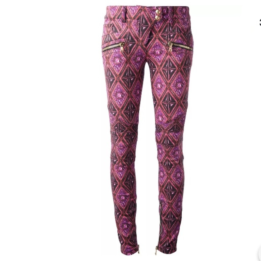 🩷 New with tag Balmain Mix Print Moto Biker Denim Jeans pink EUR 38